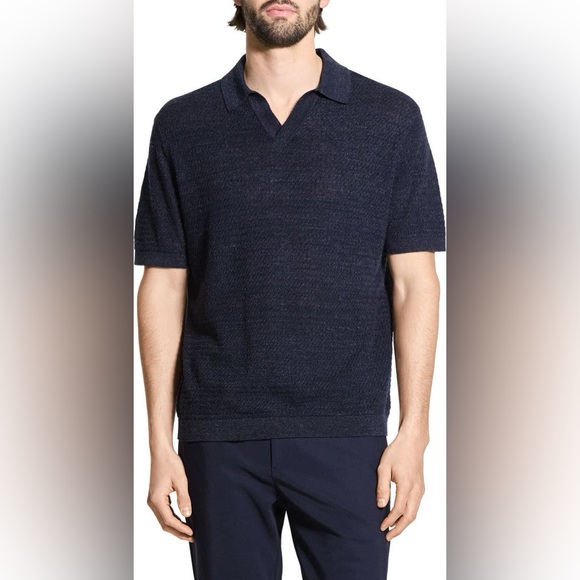 Theory Heather Navy Blue Brenan Linen Blend Polo
